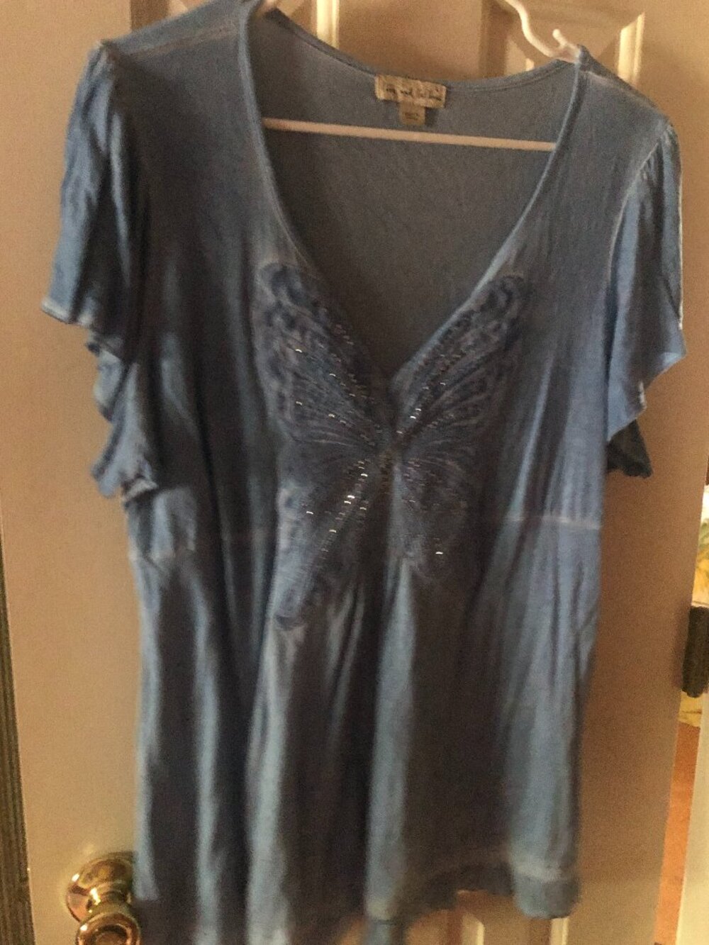 A blue embroidered shimmery embroidered butterfly with fluttery sleeves Sz Lg